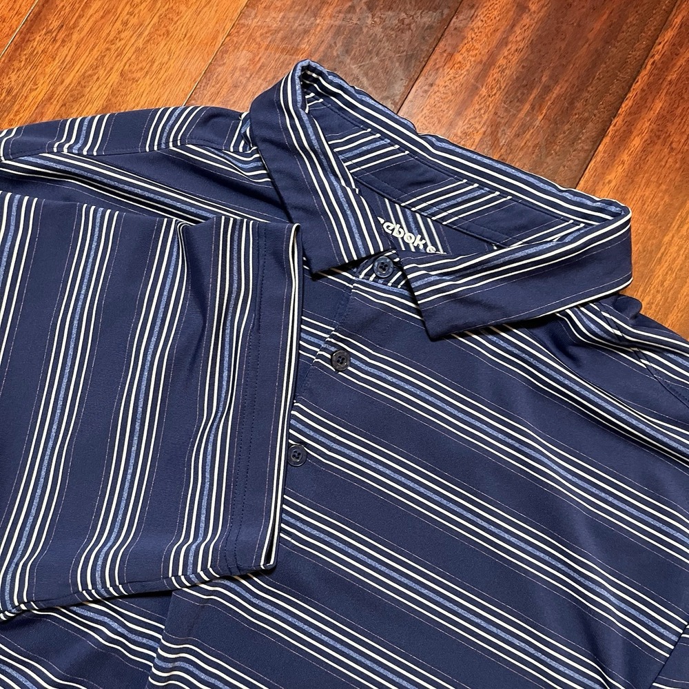 Reebok Polo Shirt Mens 2XLT TALL Blue Striped Golf Performance Short Sleeve
